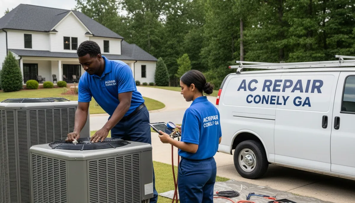AC repair technician servicing residential HVAC unit in Atlanta GA