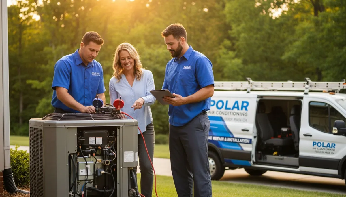 Professional AC repair technician servicing air conditioner unit in Atlanta, GA