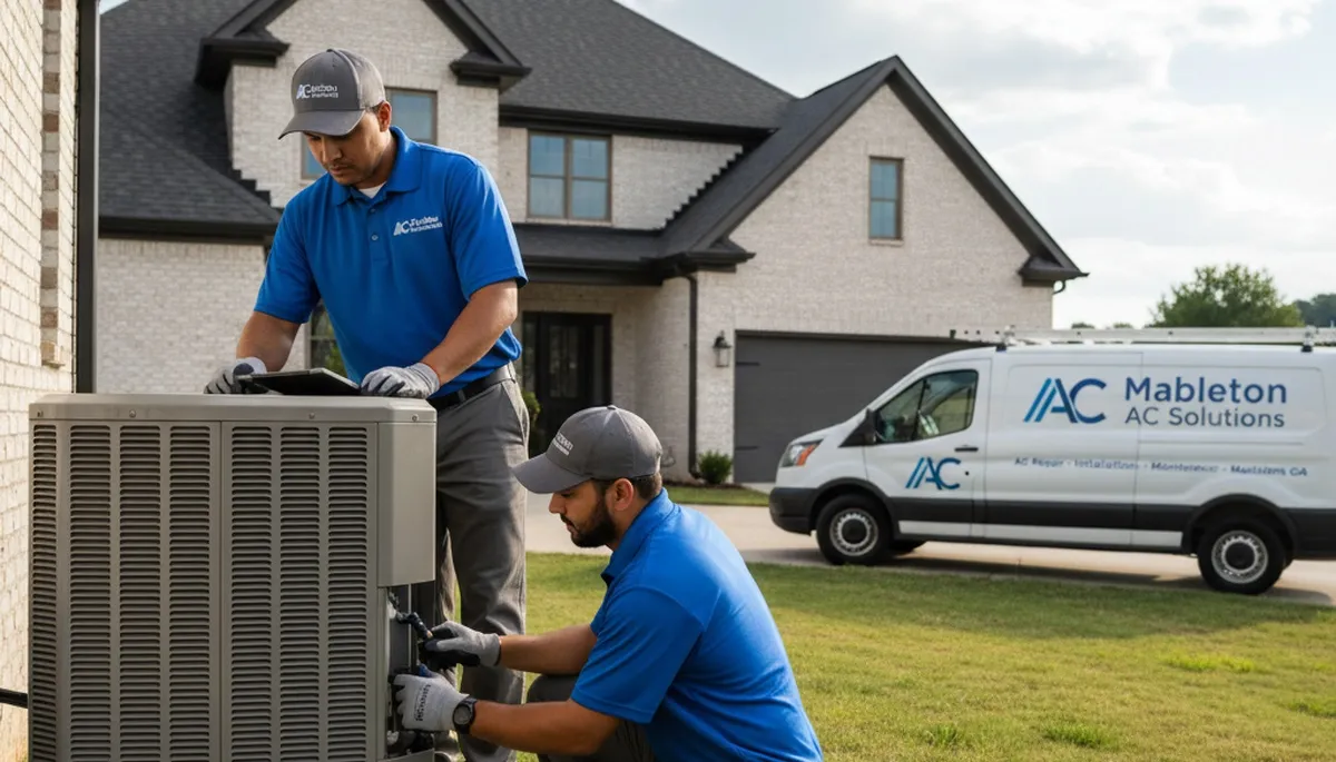 Professional AC repair technician servicing air conditioner unit in Atlanta GA home