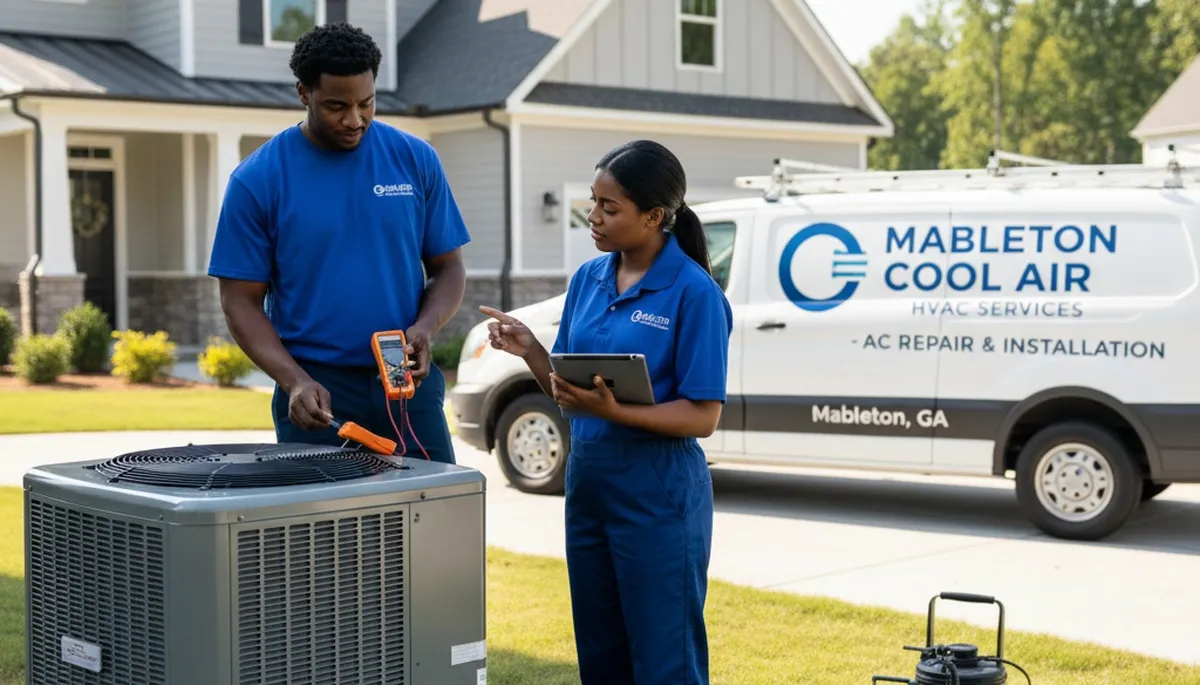 Professional AC repair technician servicing air conditioner unit in Atlanta GA home