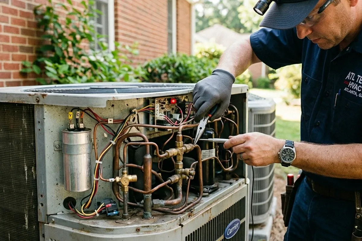 Technician performing detailed AC component repair at Atlanta GA home for reliable cooling system service